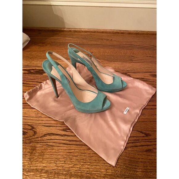 Prada Teal Suede Slingback Platform Pumps sz 39 - Picture 1 of 10